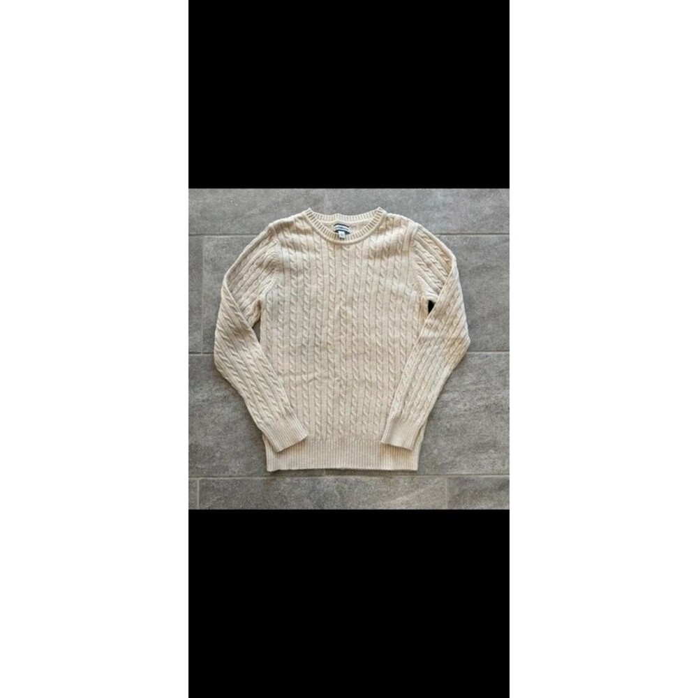 Vintage Cream Cable Knit Sweater Chunky Ribbed Cotton Crewneck Pullover Large L